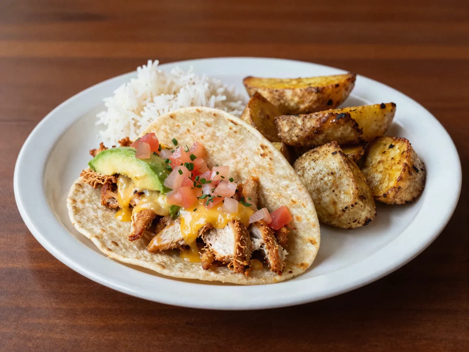 Imagen de referencia de Pechuga suiza: 1 tortilla de harina con trozos de pechuga, chile, cebolla y queso mozarella, pico de gallo y aguacate